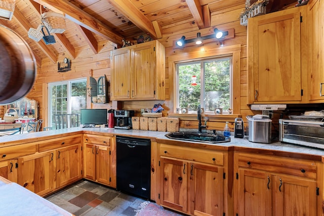 2451 Riverside Dr, Vassalboro, ME 04989 - kitchen with dishwasher, wooden ceiling with exposed beams, a sink, wooden walls, and light countertops