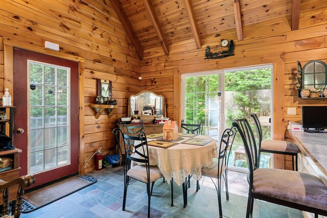 2451 Riverside Dr, Vassalboro, ME 04989 - dining area with wooden ceiling, healthy amount of natural light, wooden walls, and stone finish floors