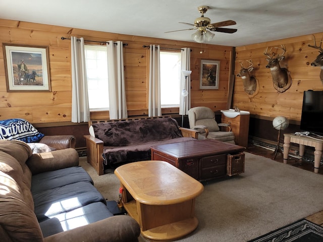 627 Waterville Rd, Skowhegan, ME 04976 - carpeted living area featuring wooden walls and ceiling fan