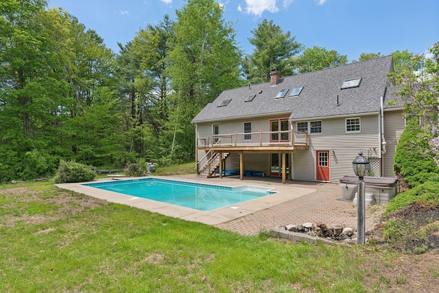 198 Range Rd, Cumberland, ME 04021 - swimming pool featuring stairway, a deck, a lawn, a jacuzzi, and a diving board