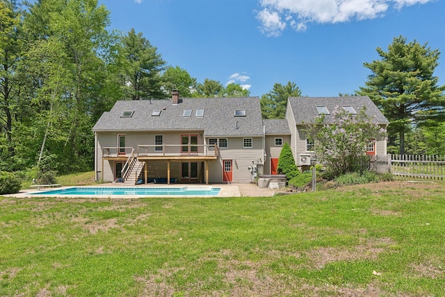 198 Range Rd, Cumberland, ME 04021 - rear view of house with stairs, a deck, an outdoor pool, a chimney, and a patio