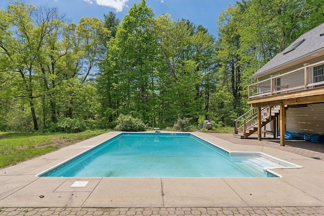 198 Range Rd, Cumberland, ME 04021 - swimming pool with stairway, a wooden deck, a patio area, and a diving board