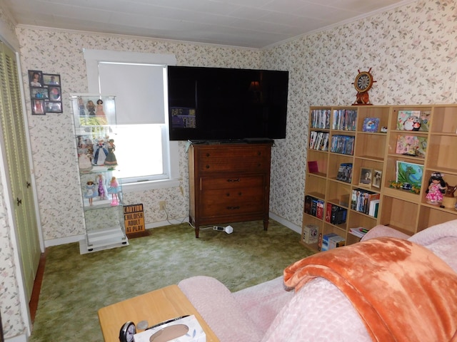 56 Allen St, Bangor, ME 04401 - carpeted bedroom with wallpapered walls, ornamental molding, and baseboards