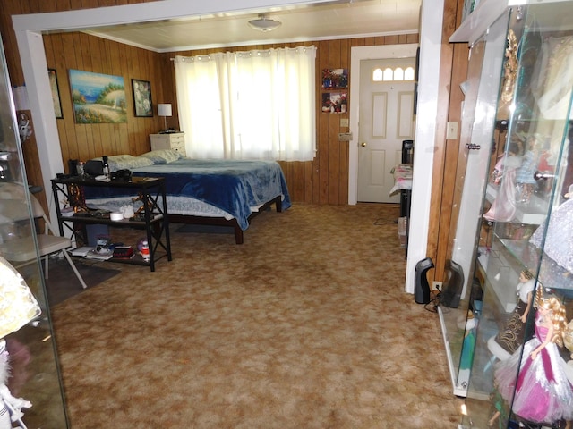 56 Allen St, Bangor, ME 04401 - carpeted bedroom featuring wooden walls and ornamental molding