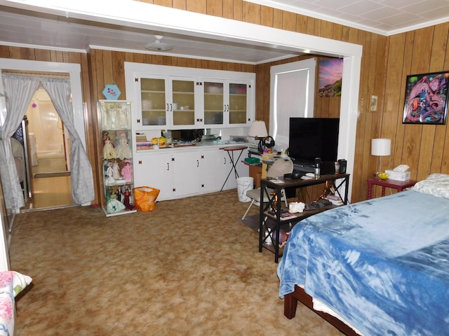 56 Allen St, Bangor, ME 04401 - bedroom with wood walls, crown molding, and light carpet