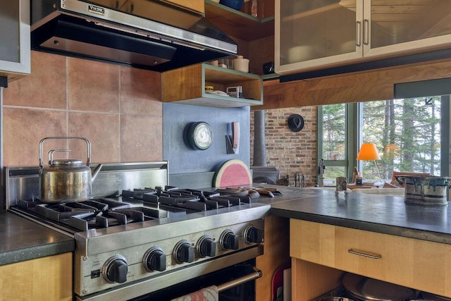 93 Eaton Point Rd, Deer Isle, ME 04627 - kitchen featuring ventilation hood, stainless steel stove, tasteful backsplash, glass insert cabinets, and a wood stove