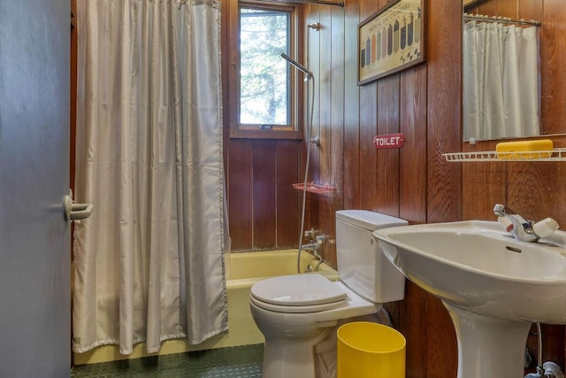 93 Eaton Point Rd, Deer Isle, ME 04627 - full bath with toilet, shower / tub combo with curtain, wood walls, and a sink