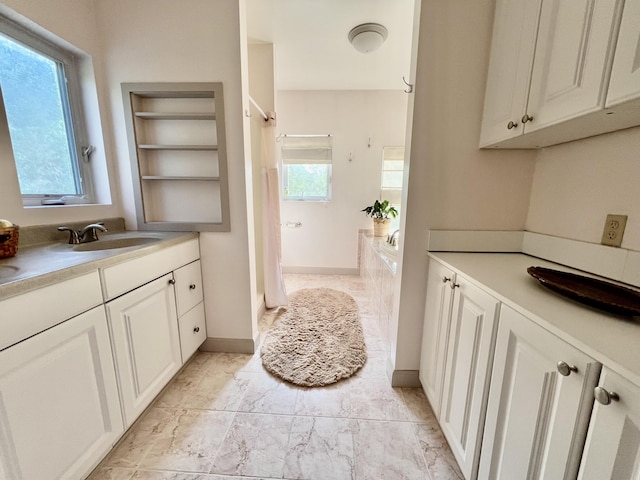 38 Johnson Cove Rd, Otis, ME 04605 - bathroom featuring vanity, a bathtub, a shower with curtain, and marble finish floors