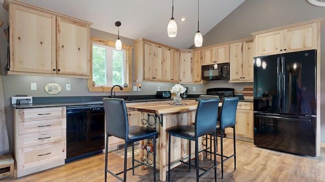 580 Spring St, Brownfield, ME 04010 - kitchen with black appliances, light brown cabinetry, wood counters, light wood-style flooring, and lofted ceiling