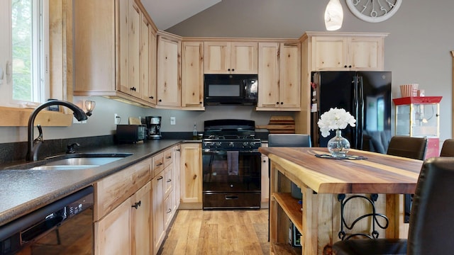 580 Spring St, Brownfield, ME 04010 - kitchen with black appliances, light brown cabinetry, a sink, wooden counters, and light wood finished floors