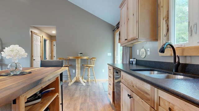 580 Spring St, Brownfield, ME 04010 - kitchen featuring a sink, vaulted ceiling, light brown cabinets, light wood-type flooring, and baseboards