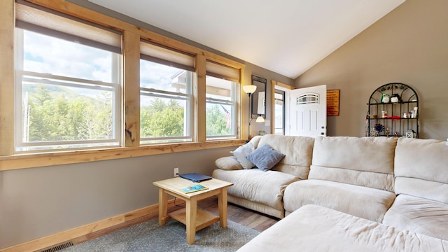 580 Spring St, Brownfield, ME 04010 - living area featuring healthy amount of natural light, lofted ceiling, and wood finished floors