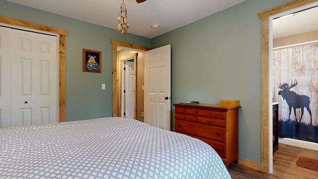 580 Spring St, Brownfield, ME 04010 - bedroom featuring wood finished floors, a closet, and baseboards
