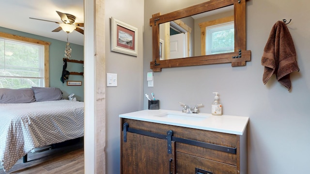 580 Spring St, Brownfield, ME 04010 - bathroom with ensuite bath, vanity, wood finished floors, and a ceiling fan
