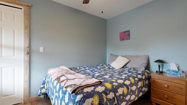 580 Spring St, Brownfield, ME 04010 - bedroom with wood finished floors and a ceiling fan