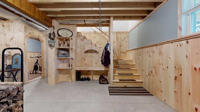 580 Spring St, Brownfield, ME 04010 - basement featuring wood walls and stairway