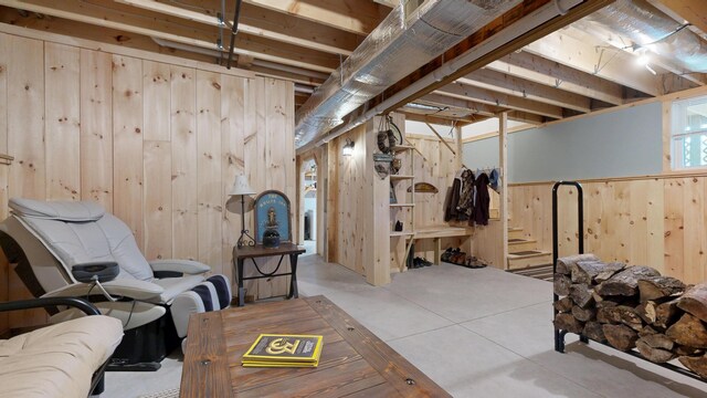 580 Spring St, Brownfield, ME 04010 - basement featuring wooden walls and stairs