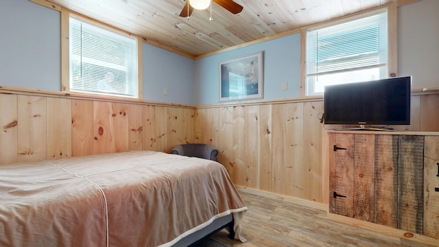 580 Spring St, Brownfield, ME 04010 - bedroom featuring wood finished floors, multiple windows, a wainscoted wall, wood walls, and wood ceiling