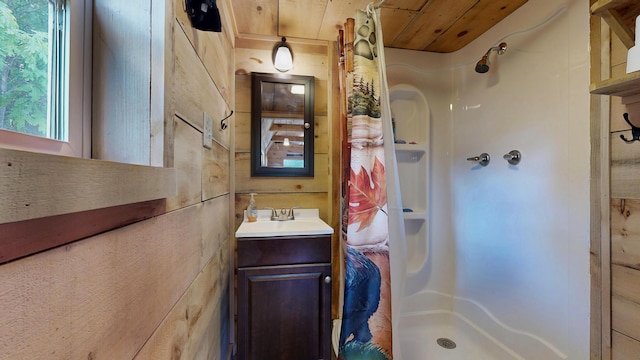 580 Spring St, Brownfield, ME 04010 - full bath with a shower with curtain, wood ceiling, and vanity