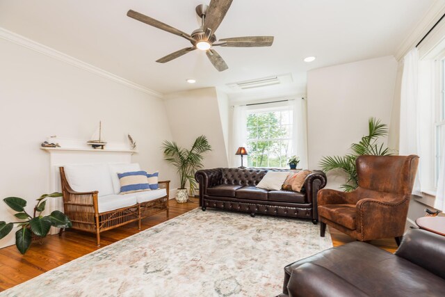 21 Fernald Ave Unit B, York, ME 03909 - living room with wood finished floors, a ceiling fan, ornamental molding, and recessed lighting