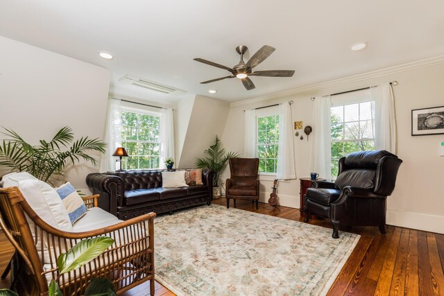 21 Fernald Ave Unit B, York, ME 03909 - living area featuring baseboards, hardwood / wood-style flooring, ceiling fan, recessed lighting, and ornamental molding