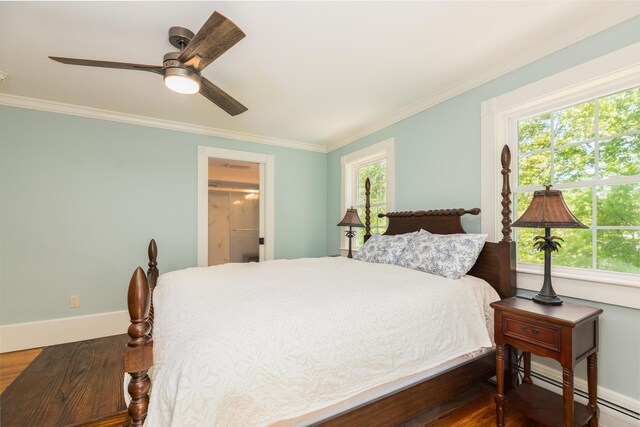 21 Fernald Ave Unit B, York, ME 03909 - bedroom featuring baseboards, ornamental molding, a baseboard heating unit, wood finished floors, and a ceiling fan