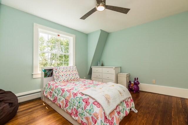 21 Fernald Ave Unit B, York, ME 03909 - bedroom featuring a baseboard radiator, wood-type flooring, ceiling fan, and baseboards