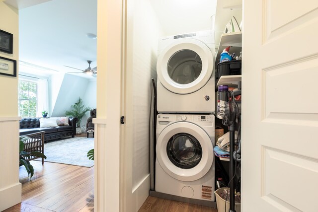 21 Fernald Ave Unit B, York, ME 03909 - washroom featuring stacked washer / dryer, wood finished floors, and ceiling fan