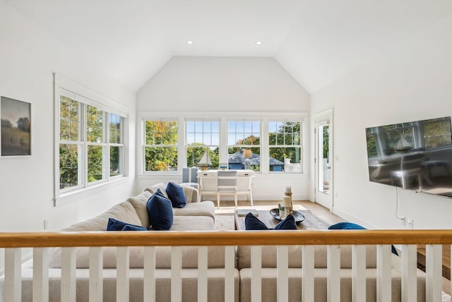 239A Foreside Rd ., Unit Falmouth, ME 04105 - living area with high vaulted ceiling, recessed lighting, and baseboards