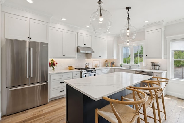 25 Benjamin Way, Portland, ME 04102 - kitchen with appliances with stainless steel finishes, under cabinet range hood, a sink, light wood-style flooring, and a kitchen island