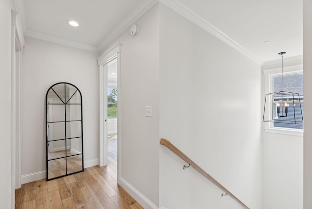 25 Benjamin Way, Portland, ME 04102 - corridor featuring an upstairs landing, light wood-style flooring, ornamental molding, baseboards, and recessed lighting