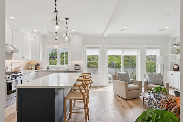 25 Benjamin Way, Portland, ME 04102 - kitchen with stainless steel gas range, a sink, under cabinet range hood, a center island, and white cabinetry