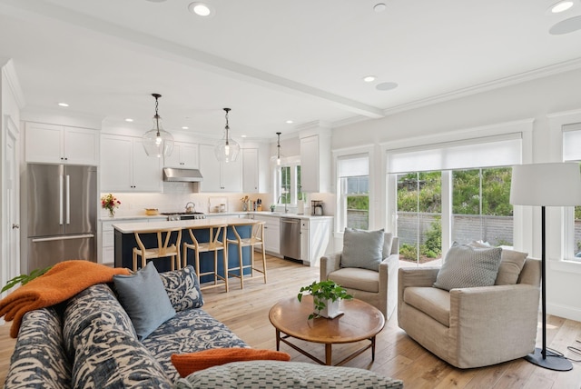 25 Benjamin Way, Portland, ME 04102 - living room with healthy amount of natural light, light wood-style floors, recessed lighting, crown molding, and beamed ceiling