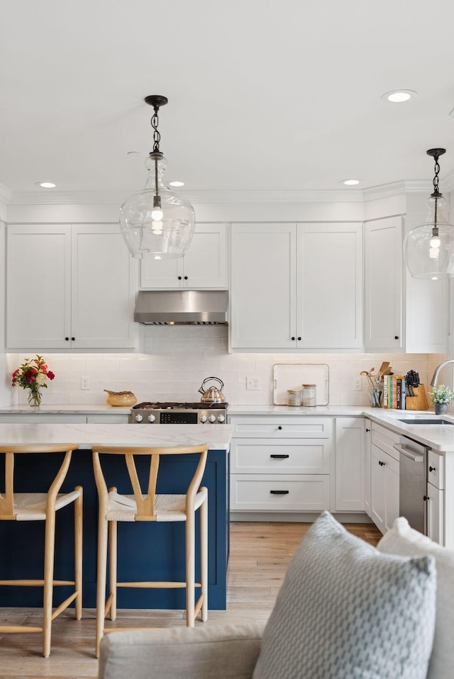 25 Benjamin Way, Portland, ME 04102 - kitchen featuring ventilation hood, stainless steel dishwasher, light countertops, white cabinetry, and recessed lighting