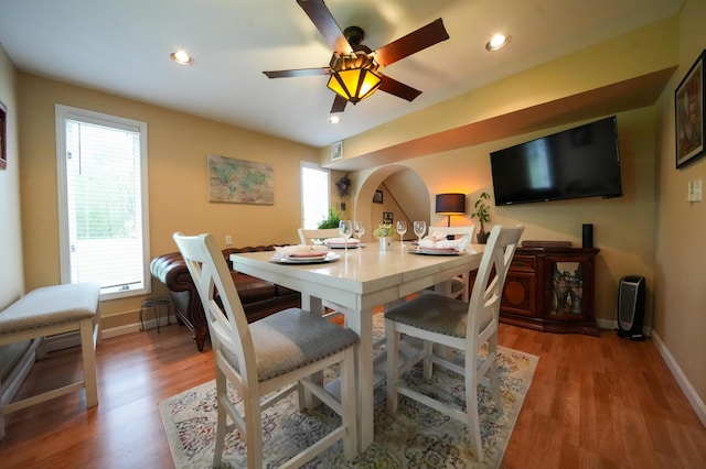 50 Water St, Howland, ME 04448 - dining area with baseboards, wood finished floors, ceiling fan, and recessed lighting