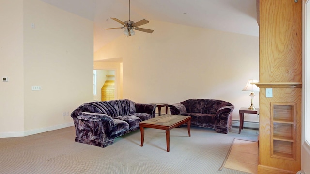 40 Acorn Ridge Rd, Freeport, ME 04032 - carpeted living area with a ceiling fan, high vaulted ceiling, and baseboards