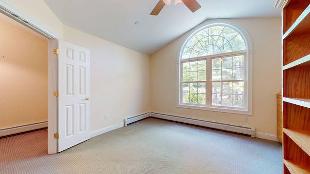 40 Acorn Ridge Rd, Freeport, ME 04032 - unfurnished bedroom featuring carpet, a baseboard radiator, vaulted ceiling, baseboards, and a ceiling fan
