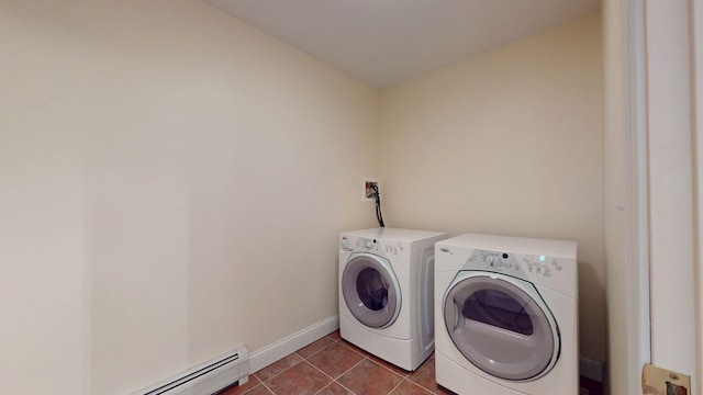 40 Acorn Ridge Rd, Freeport, ME 04032 - laundry area featuring washing machine and dryer, a baseboard heating unit, baseboards, and dark tile patterned floors