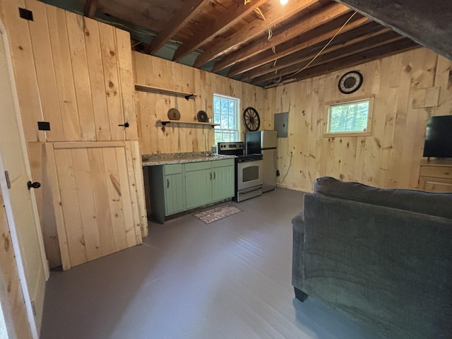 166 Tupper Rd, Madison, ME 04950 - kitchen with green cabinetry, stainless steel appliances, wood walls, electric panel, and healthy amount of natural light