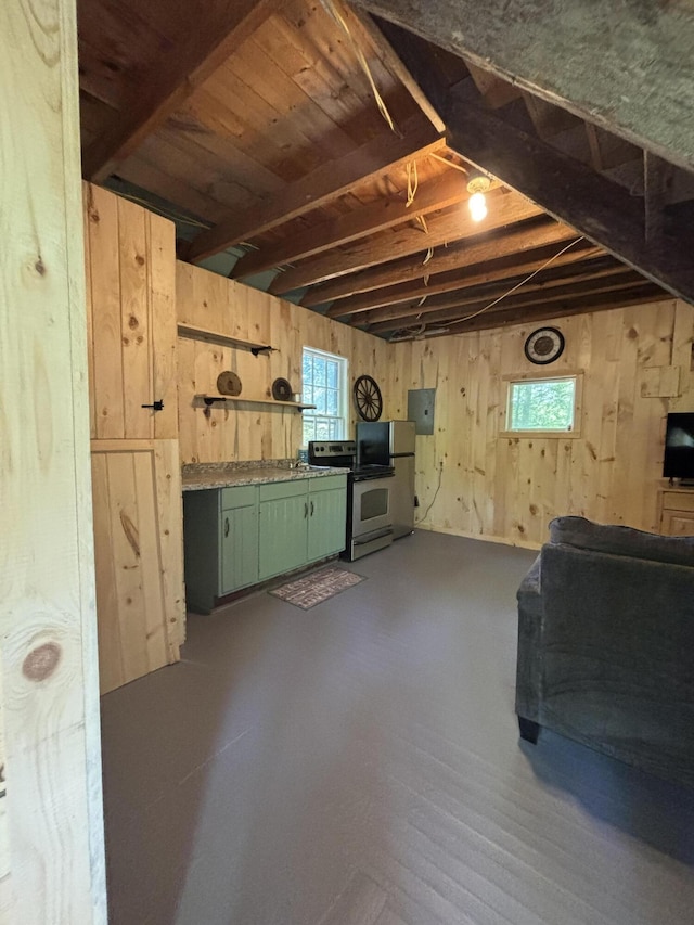166 Tupper Rd, Madison, ME 04950 - basement with plenty of natural light, wooden walls, electric panel, and freestanding refrigerator