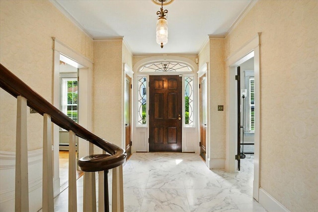 11 Pine Ave, Livermore Falls, ME 04254 - foyer entrance featuring ornamental molding, stairs, and marble finish flooring