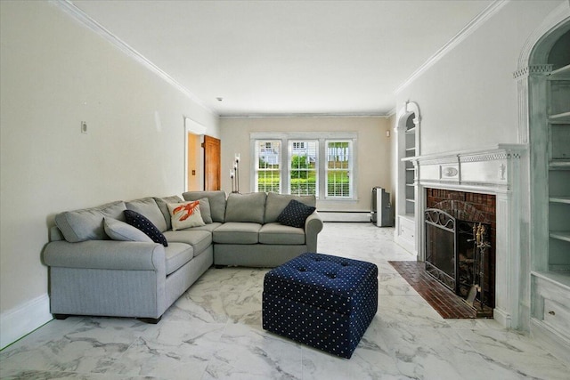 11 Pine Ave, Livermore Falls, ME 04254 - living area with crown molding, marble finish floors, a fireplace with flush hearth, built in features, and a baseboard heating unit