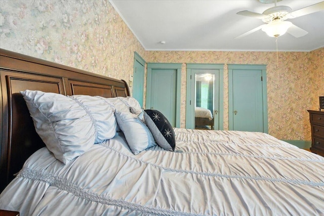 11 Pine Ave, Livermore Falls, ME 04254 - bedroom featuring crown molding, wallpapered walls, and a ceiling fan