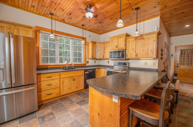 177 Meadow Ln, Smithfield, ME 04978 - kitchen featuring stainless steel appliances, wood ceiling, a sink, dark countertops, and a peninsula