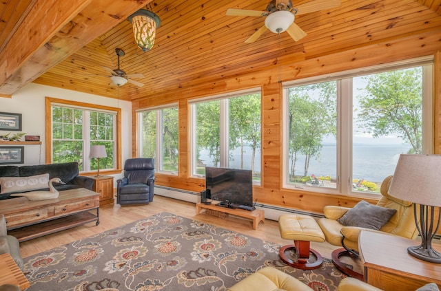 177 Meadow Ln, Smithfield, ME 04978 - living room with ceiling fan, baseboard heating, wood finished floors, lofted ceiling, and wood ceiling