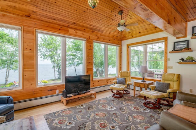 177 Meadow Ln, Smithfield, ME 04978 - living area with baseboard heating, wood finished floors, a ceiling fan, wood ceiling, and wood walls