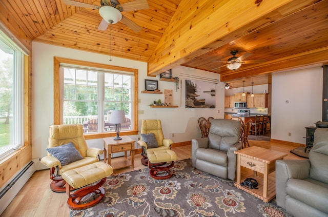 177 Meadow Ln, Smithfield, ME 04978 - living area with a ceiling fan, a baseboard heating unit, healthy amount of natural light, wooden ceiling, and vaulted ceiling