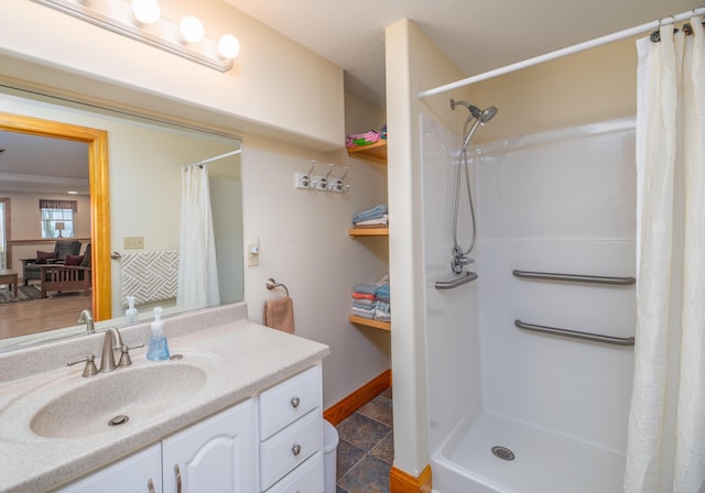177 Meadow Ln, Smithfield, ME 04978 - bathroom featuring vanity, a shower with curtain, and stone finish floors