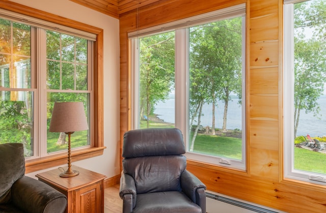 177 Meadow Ln, Smithfield, ME 04978 - sitting room featuring a water view, a baseboard heating unit, healthy amount of natural light, and wooden walls