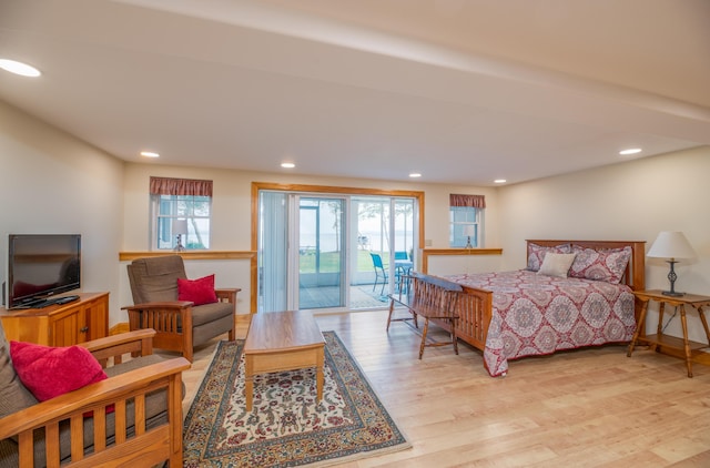 177 Meadow Ln, Smithfield, ME 04978 - bedroom featuring access to exterior, recessed lighting, and light wood-type flooring